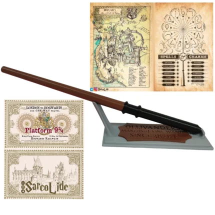 چوب دستی دراکو ملفوی همراه استند اولیوندرز، نقشه هاگوارتز، لیست جادو ها و بلیط قطار