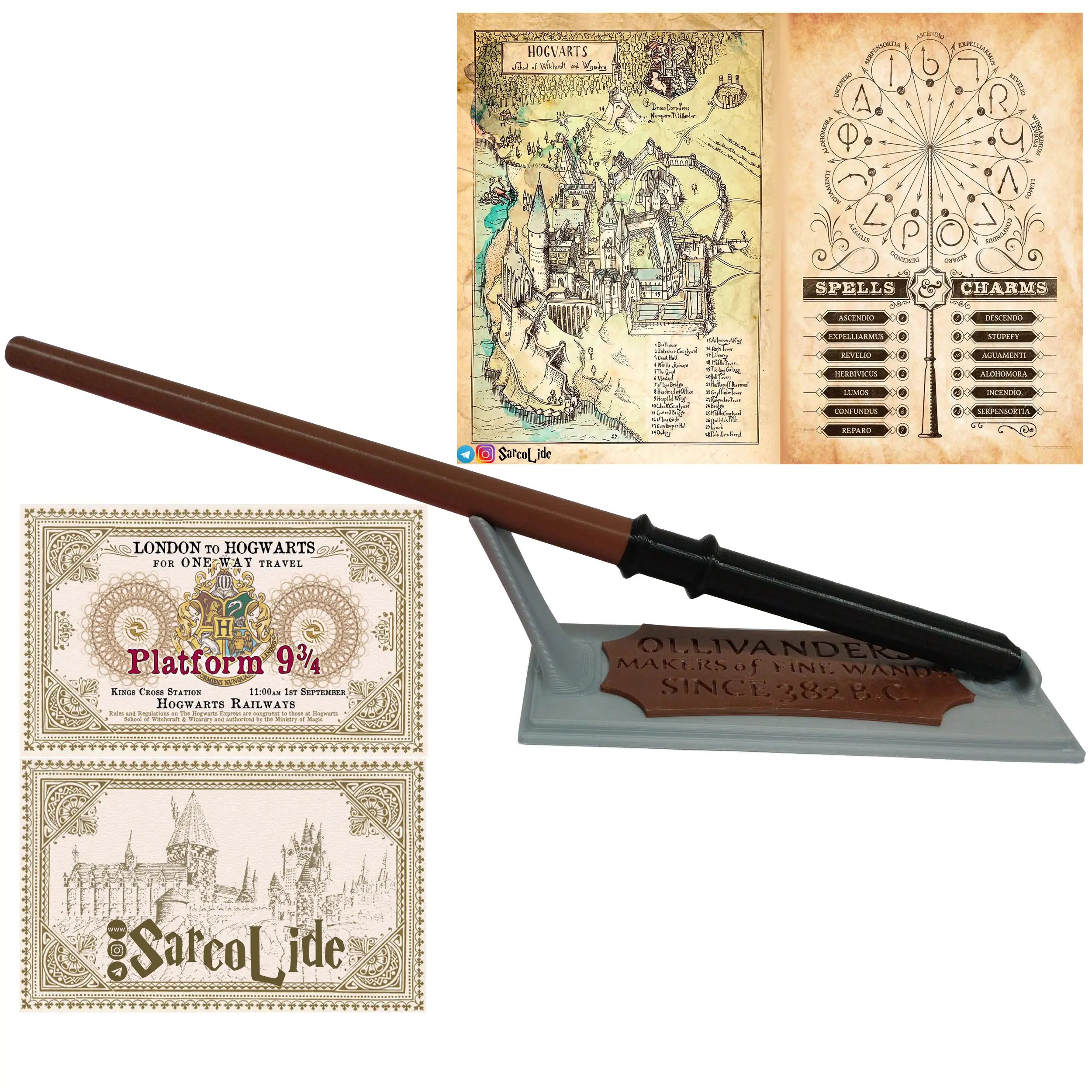 چوب دستی دراکو ملفوی همراه استند اولیوندرز، نقشه هاگوارتز، لیست جادو ها و بلیط قطار