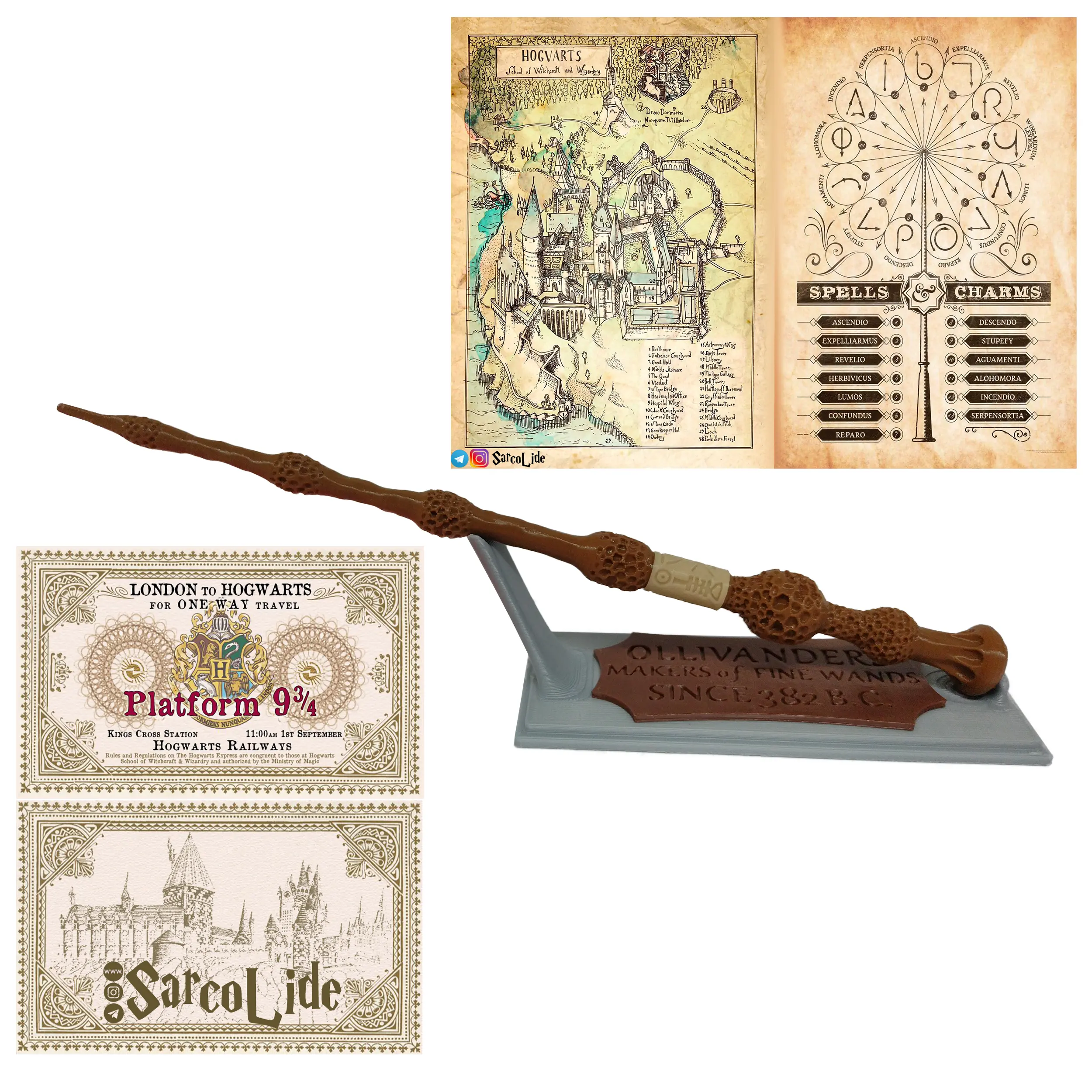 چوب دستی الدر همراه استند اولیوندرز، نقشه هاگوارتز، لیست جادو ها و بلیط قطار