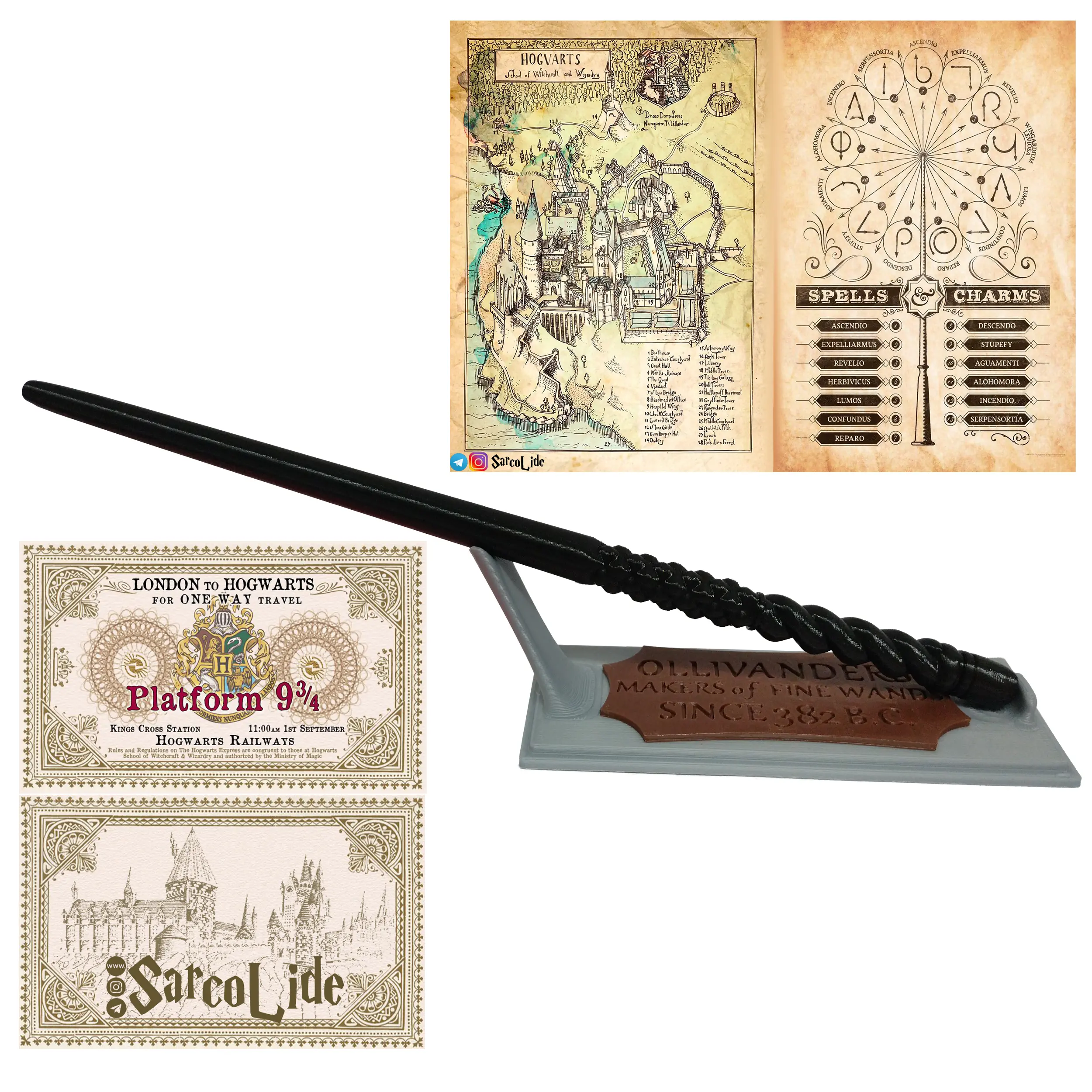 چوب دستی جینی ویزلی همراه استند اولیوندرز، نقشه هاگوارتز، لیست جادو ها و بلیط قطار