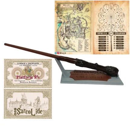 چوب دستی هری پاتر همراه استند اولیوندرز، نقشه هاگوارتز، لیست جادو ها و بلیط قطار
