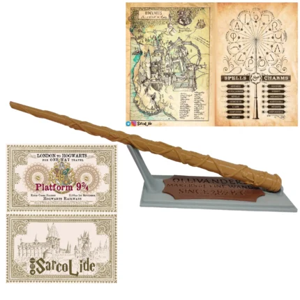 چوب دستی هرماینی گرنجر همراه استند اولیوندرز، نقشه هاگوارتز، لیست جادو ها و بلیط قطار