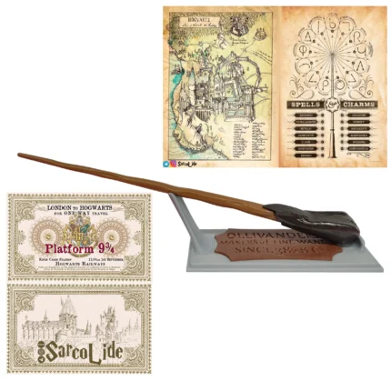 چوب دستی ران ویزلی همراه استند اولیوندرز، نقشه هاگوارتز، لیست جادو ها و بلیط قطار