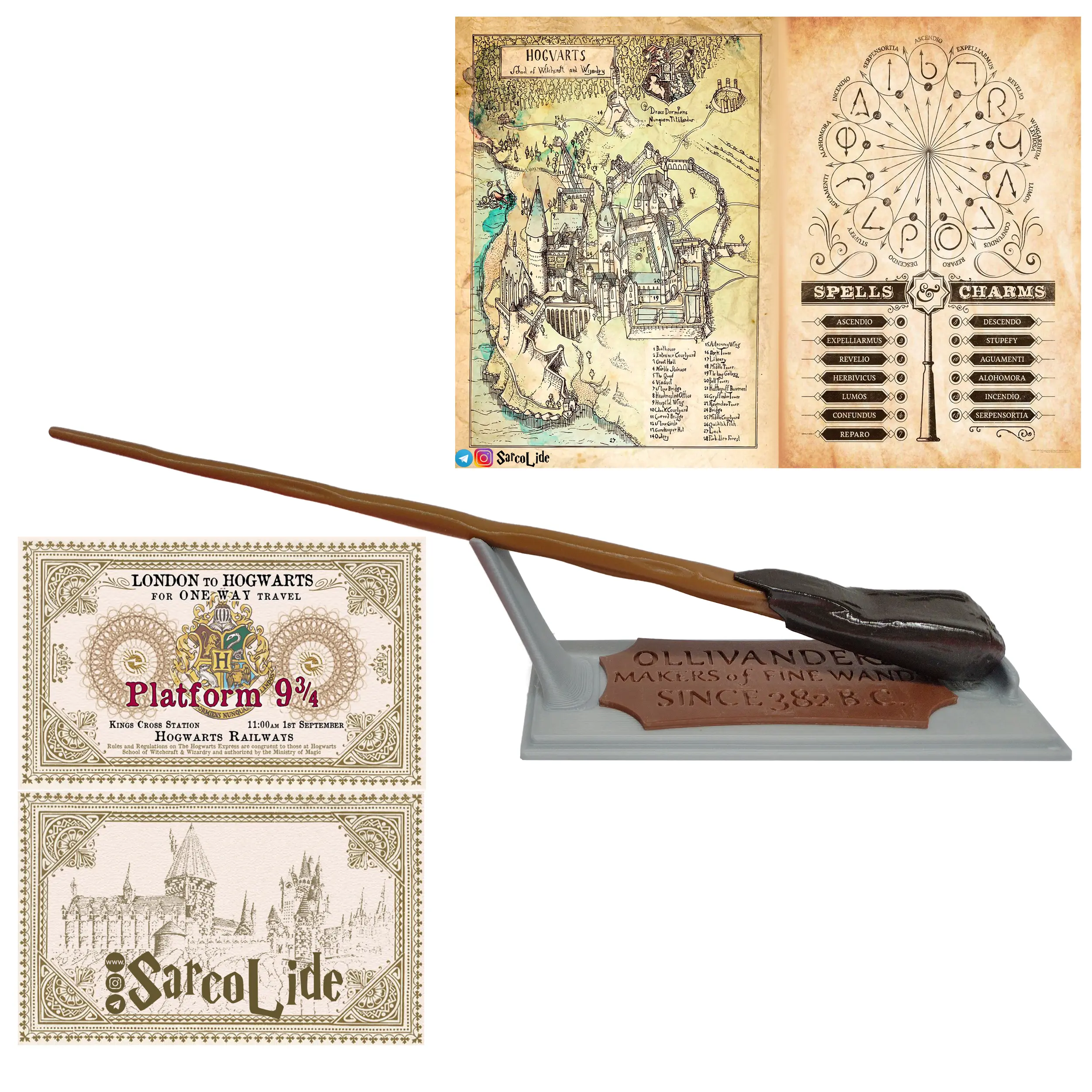 چوب دستی ران ویزلی همراه استند اولیوندرز، نقشه هاگوارتز، لیست جادو ها و بلیط قطار