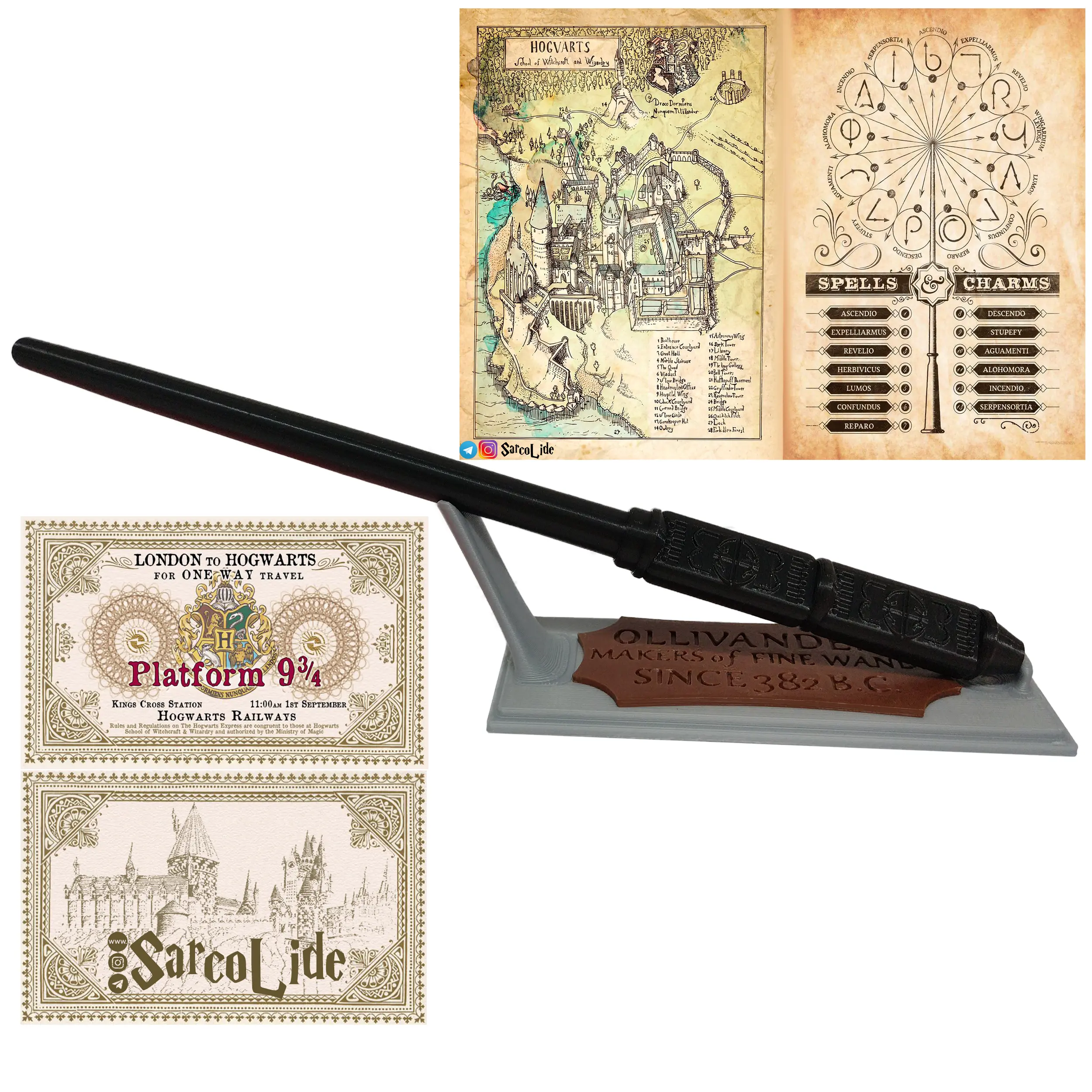چوب دستی سوروس اسنیپ همراه استند اولیوندرز، نقشه هاگوارتز، لیست جادو ها و بلیط قطار