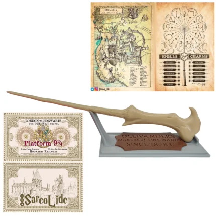 چوب دستی لرد ولدمورت همراه استند اولیوندرز، نقشه هاگوارتز، لیست جادو ها و بلیط قطار